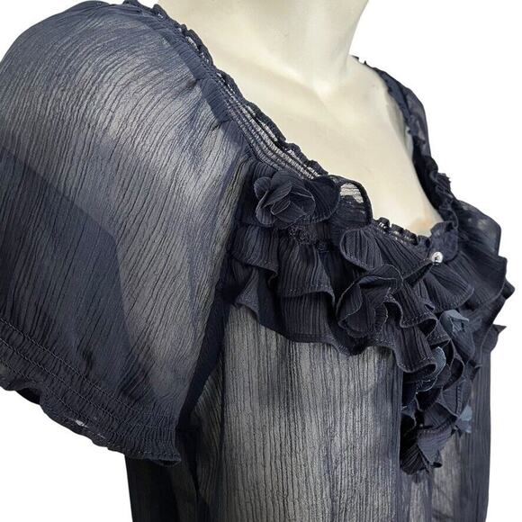 Hollister Sheer Dark Navy Y2K Ruffle Whimsigoth Fairy Top Shirt Smocked sz M - Picture 5 of 16
